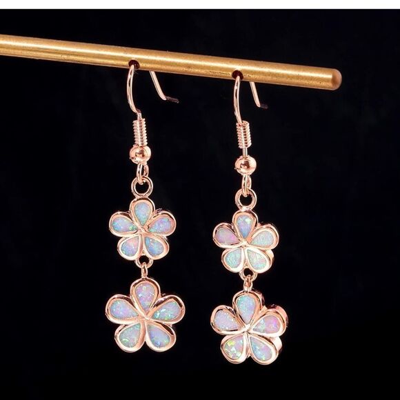 18K Rose Gold with Genuine Pink Fire Opal Double Flower Dangling Hook Earrings - Picture 4 of 5